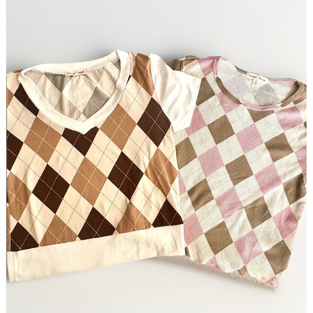 Moa Moa Argyle Top Bundle Y2K Preppy Waffle Knit Small 2pc Ivory Pink